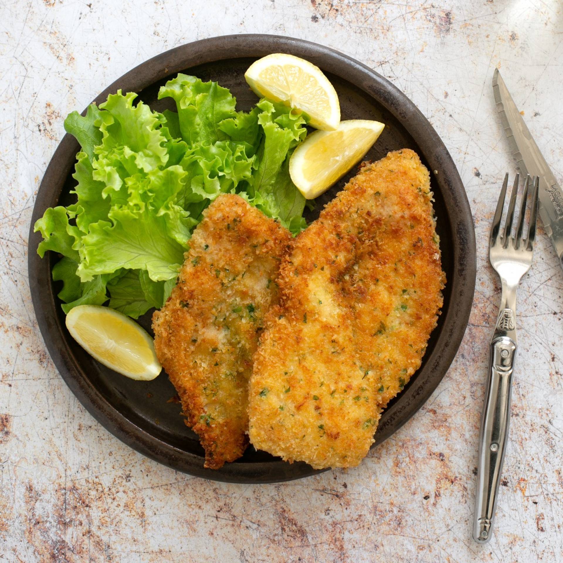 Italian Style Crispy Chicken Cutlets with Roast Sweet Potatoes