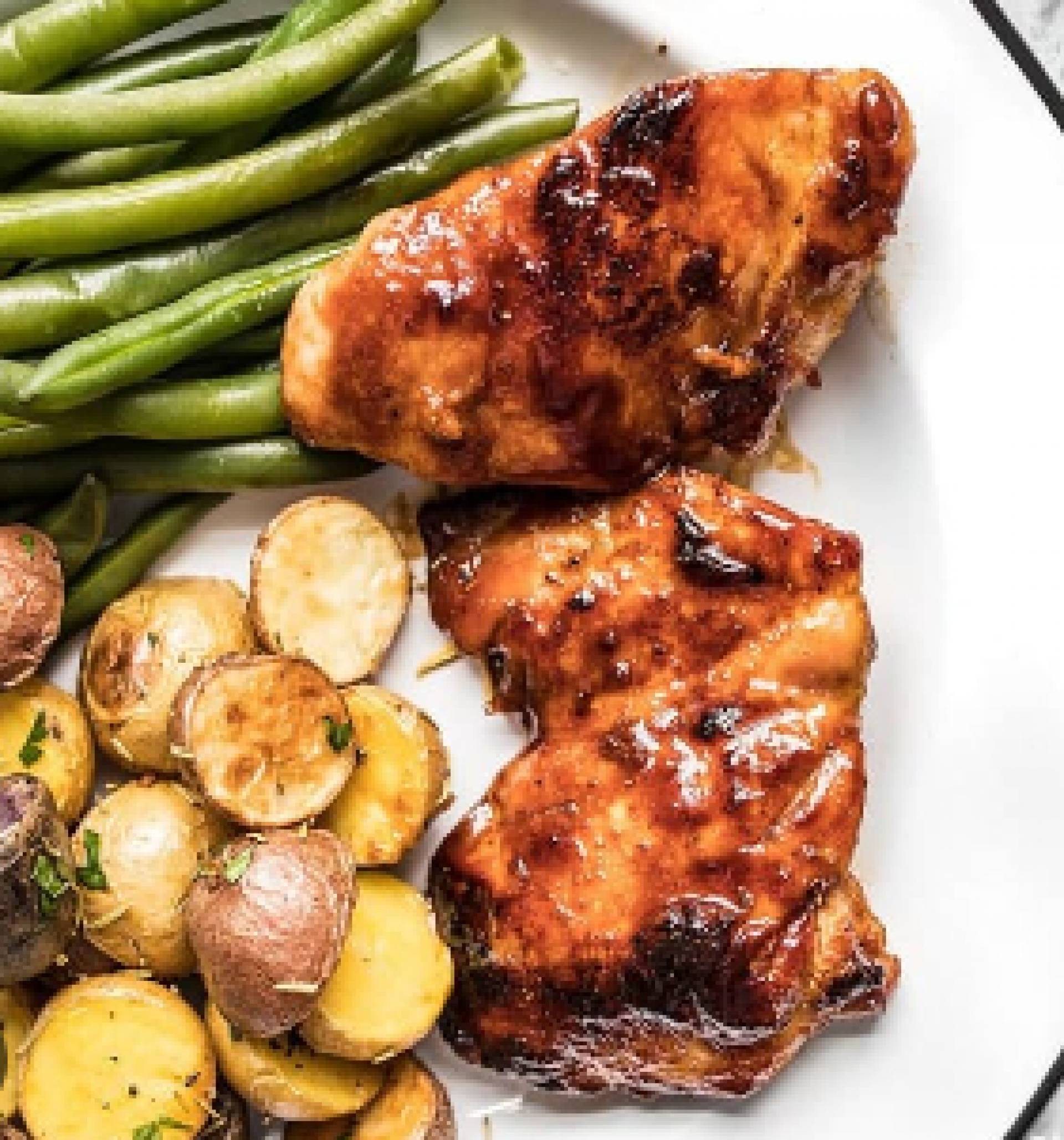 Spicy Honey Garlic Chicken Thighs with Roasted Potatoes (GF)