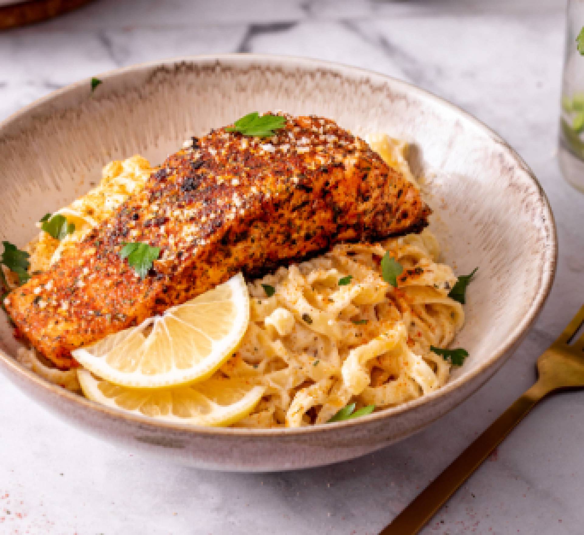 Blackened Salmon with Alfredo Penne