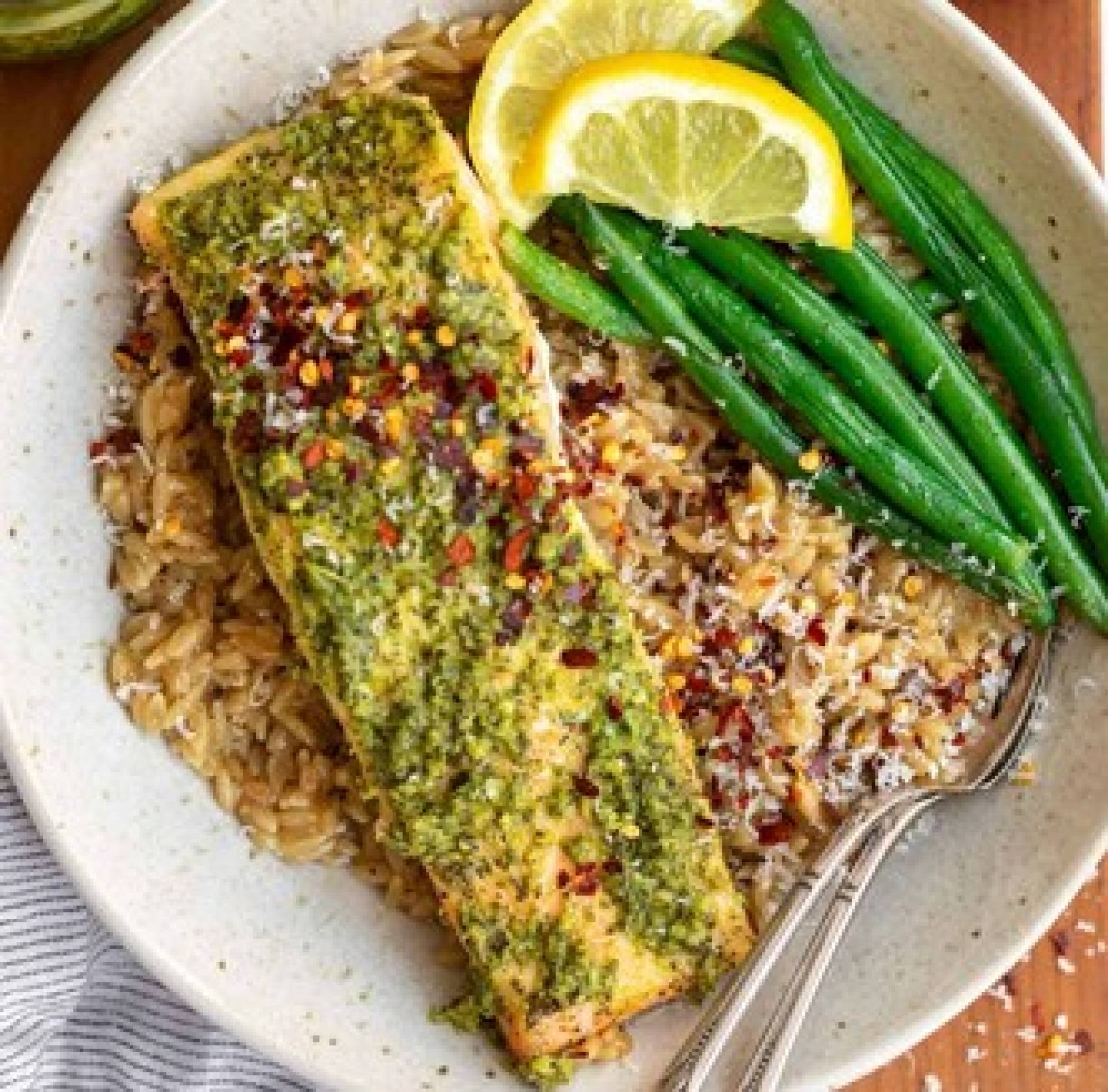 Simply Baked Pesto Salmon with Vegetable Rice (GF)